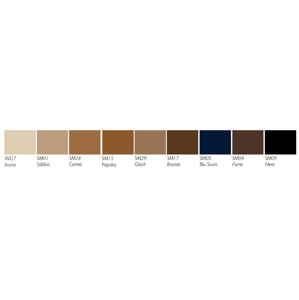 Palette de couleurs avec des nuances allant du beige au noir. Noms sous les couleurs.