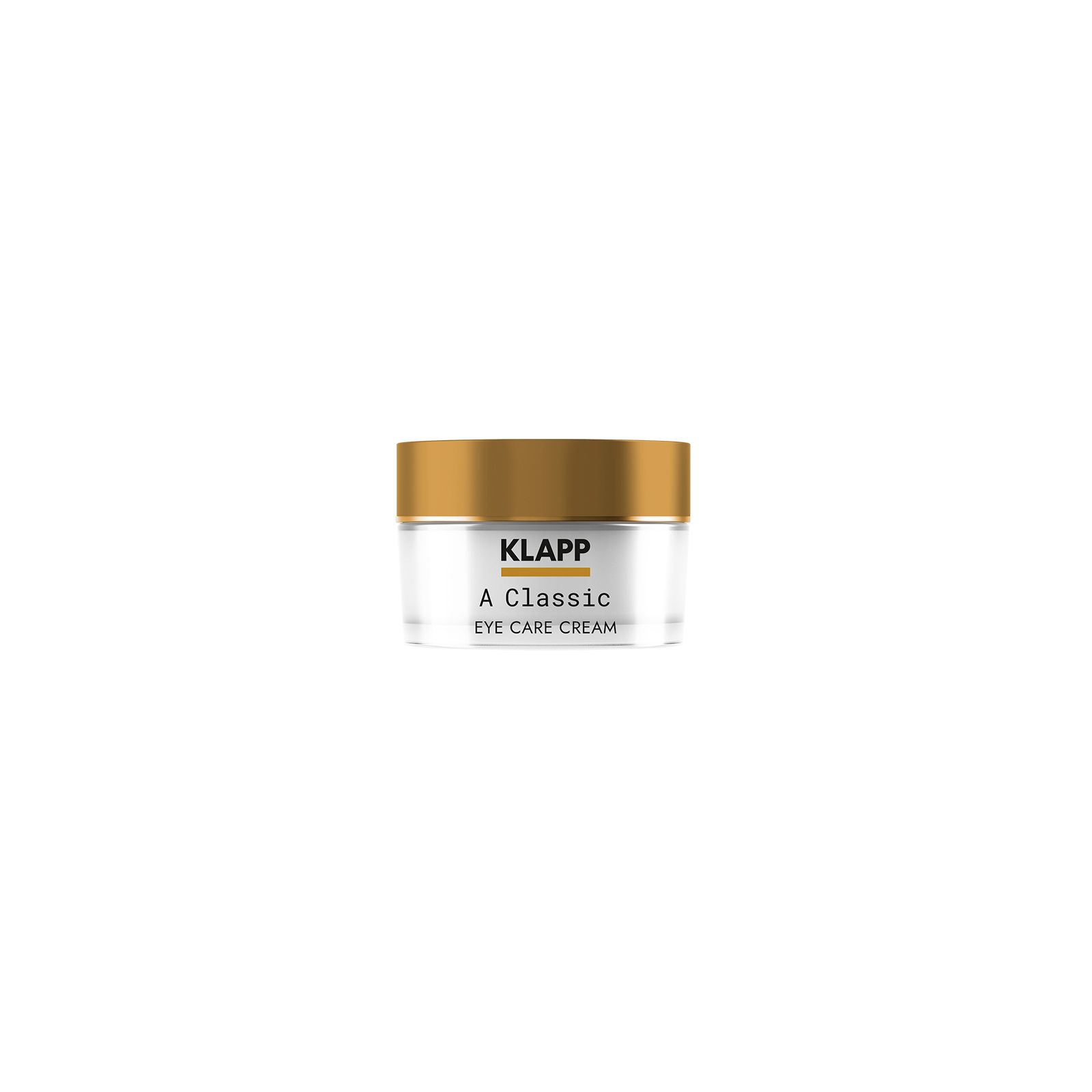 Glazen pot met gouden deksel. Opschrift: A Classic Eye Care Cream. Kleine pot.