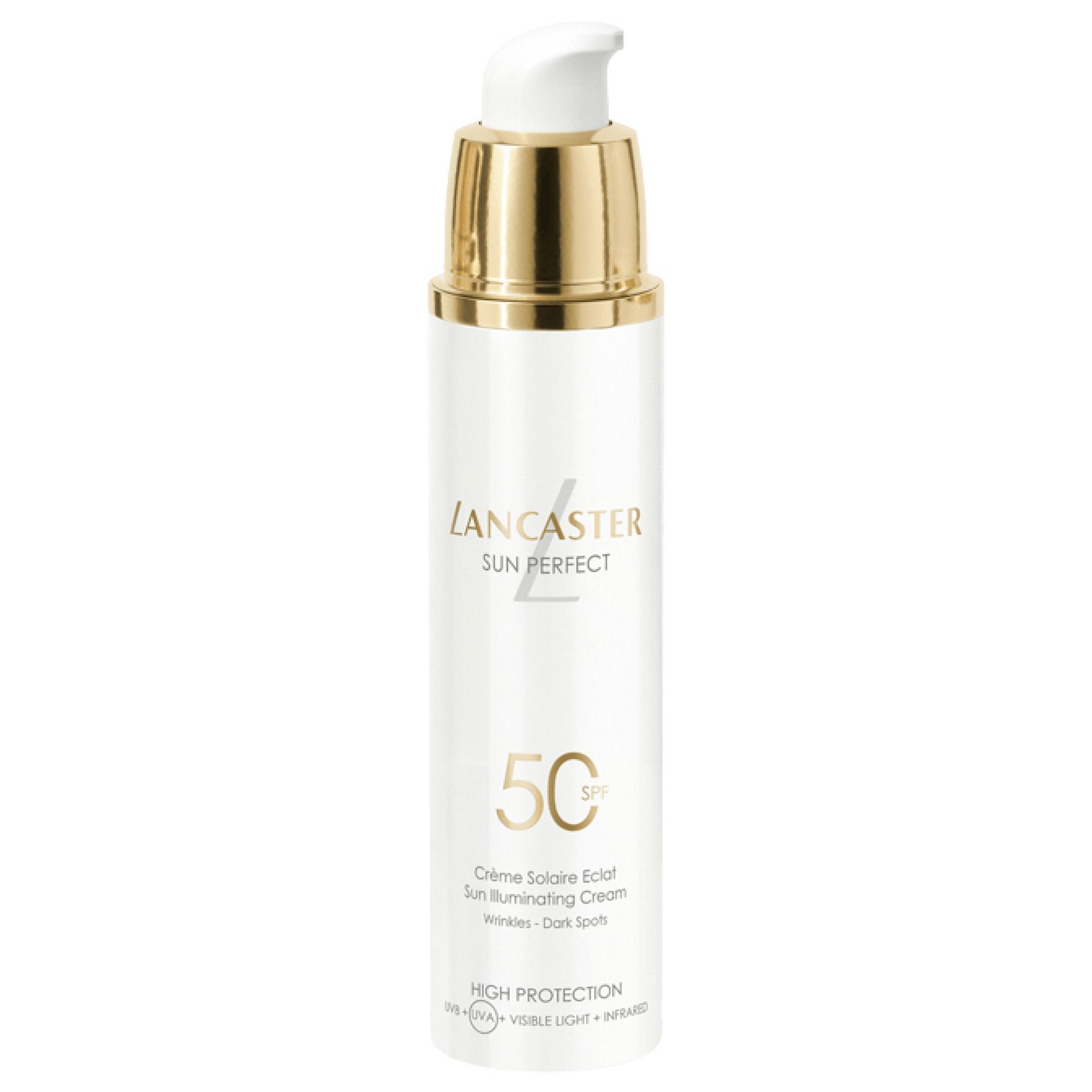 Flacon pompe Lancaster Sun Perfect Illuminating Cream SPF50 avec applicateur doré.