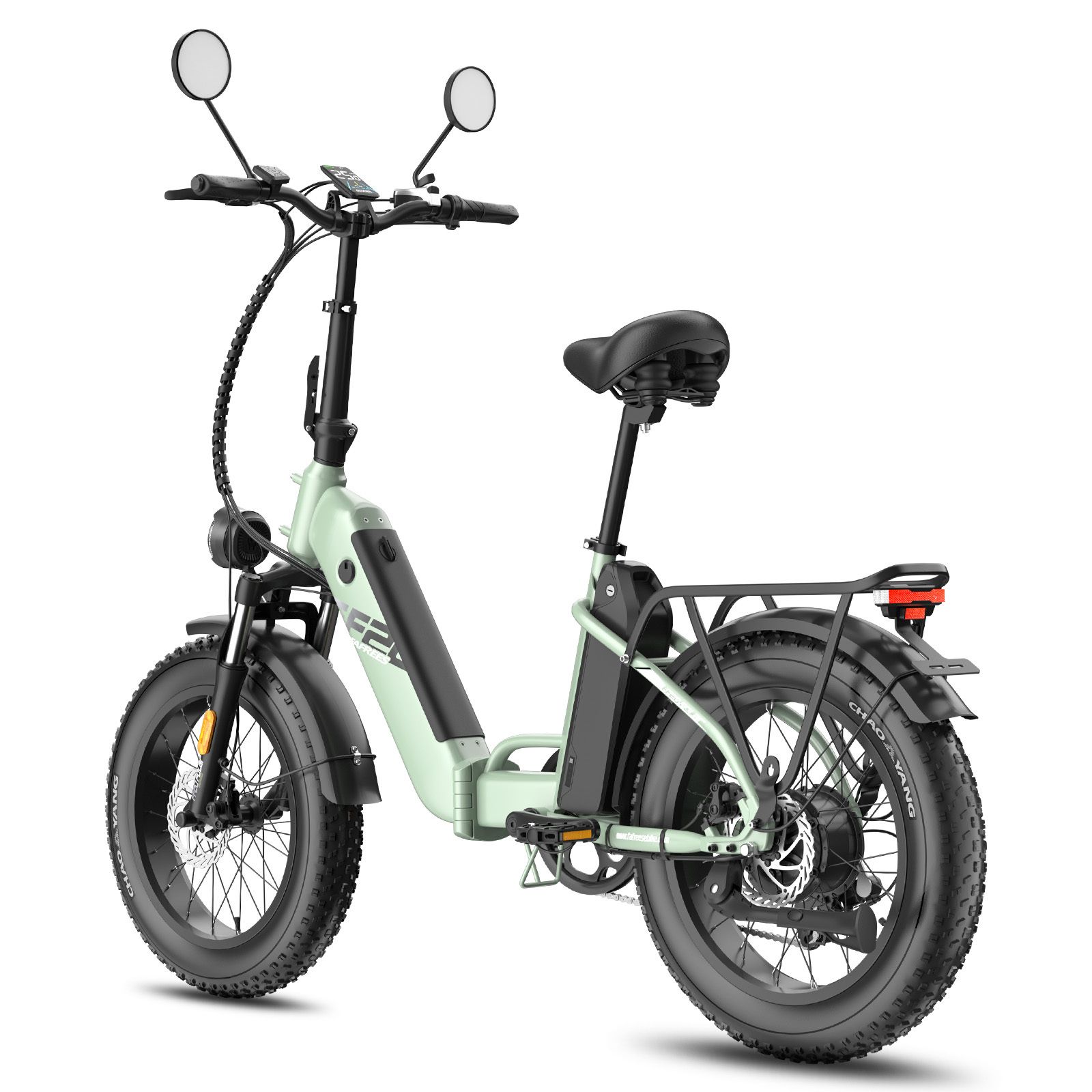 Vélo électrique vert clair avec pneus noirs et porte-bagages. Visible : logo F2, phare, selle et guidon.