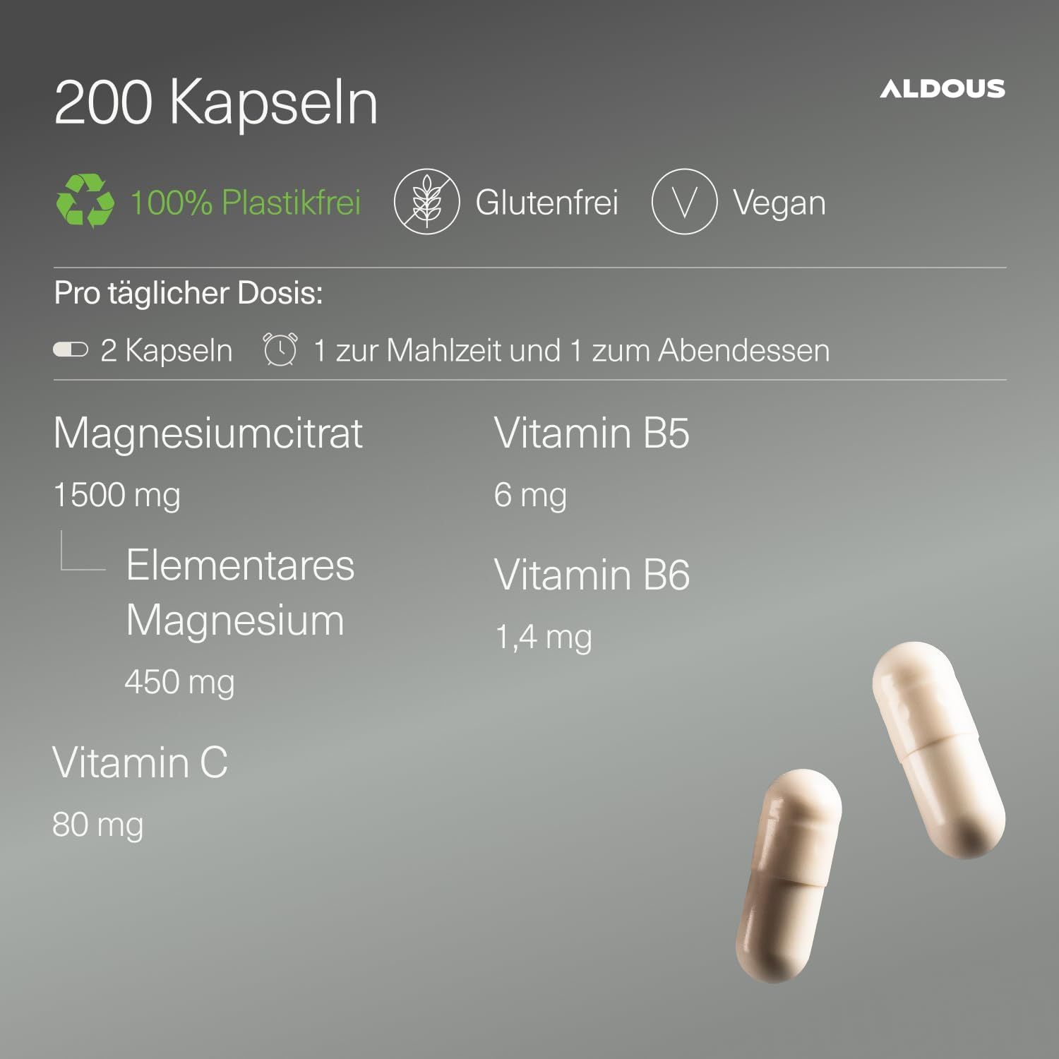 Capsules de citrate de magnésium Aldous : 200 pièces, sans plastique, sans gluten, vegan. Contient 450mg de magnésium élémentaire.