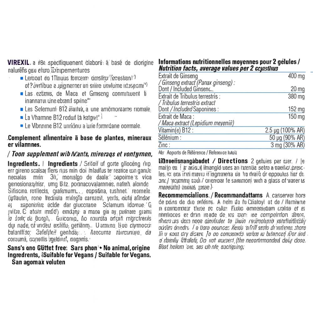 Texte multilingue. Contient des informations sur les ingrédients, les valeurs nutritionnelles et les recommandations. Texte sur fond blanc.