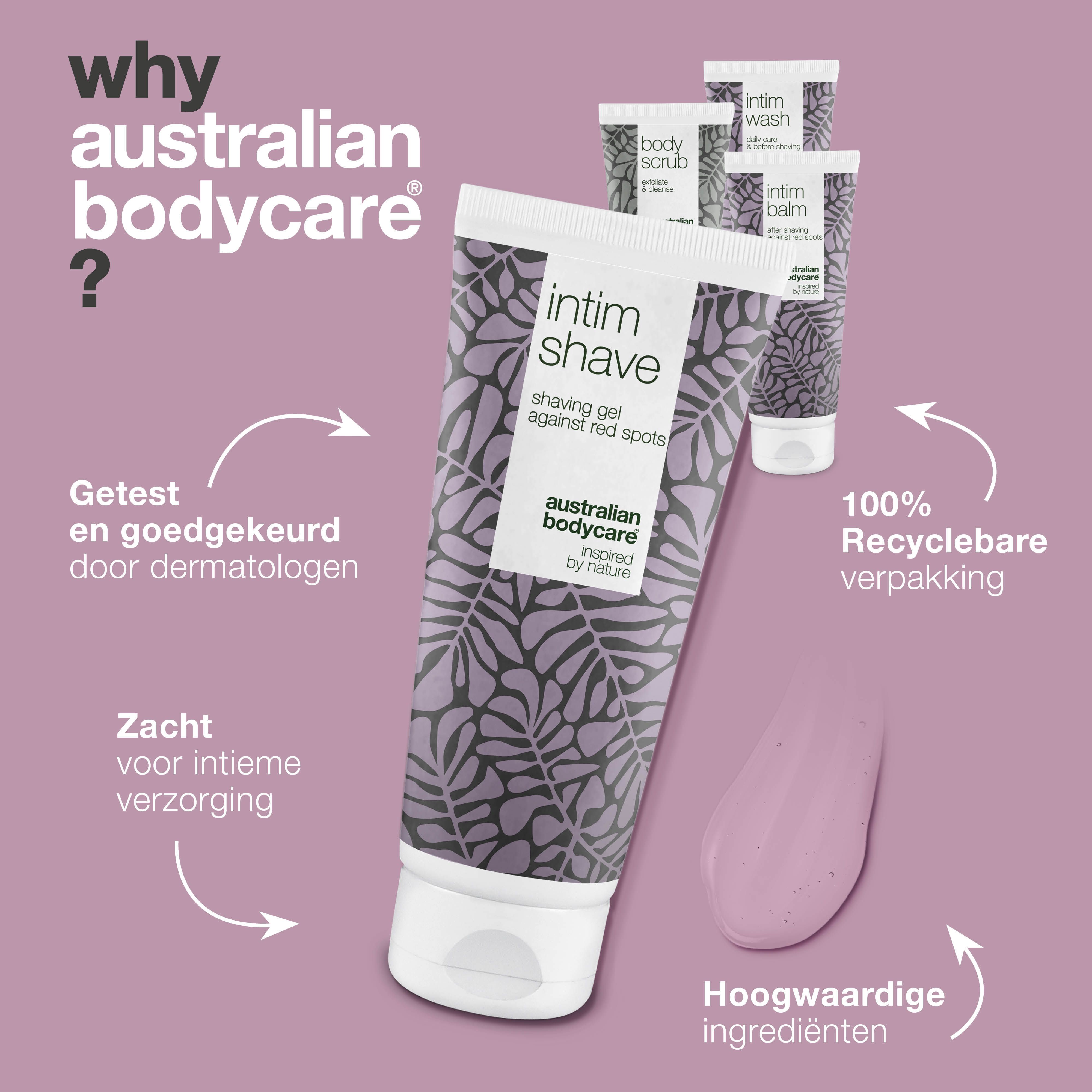 Waarom Australian Bodycare? Producten: Intim Shave, Intim Wash, Intim Balm. Tekst over voordelen en ingrediënten.
