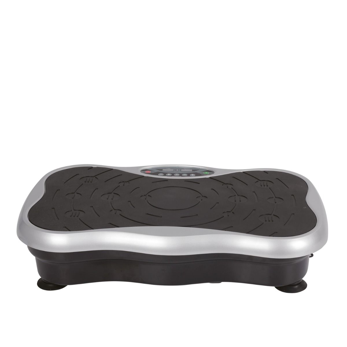 Plateforme vibrante noire avec bord argenté. Forme ovale avec surface texturée et écran.