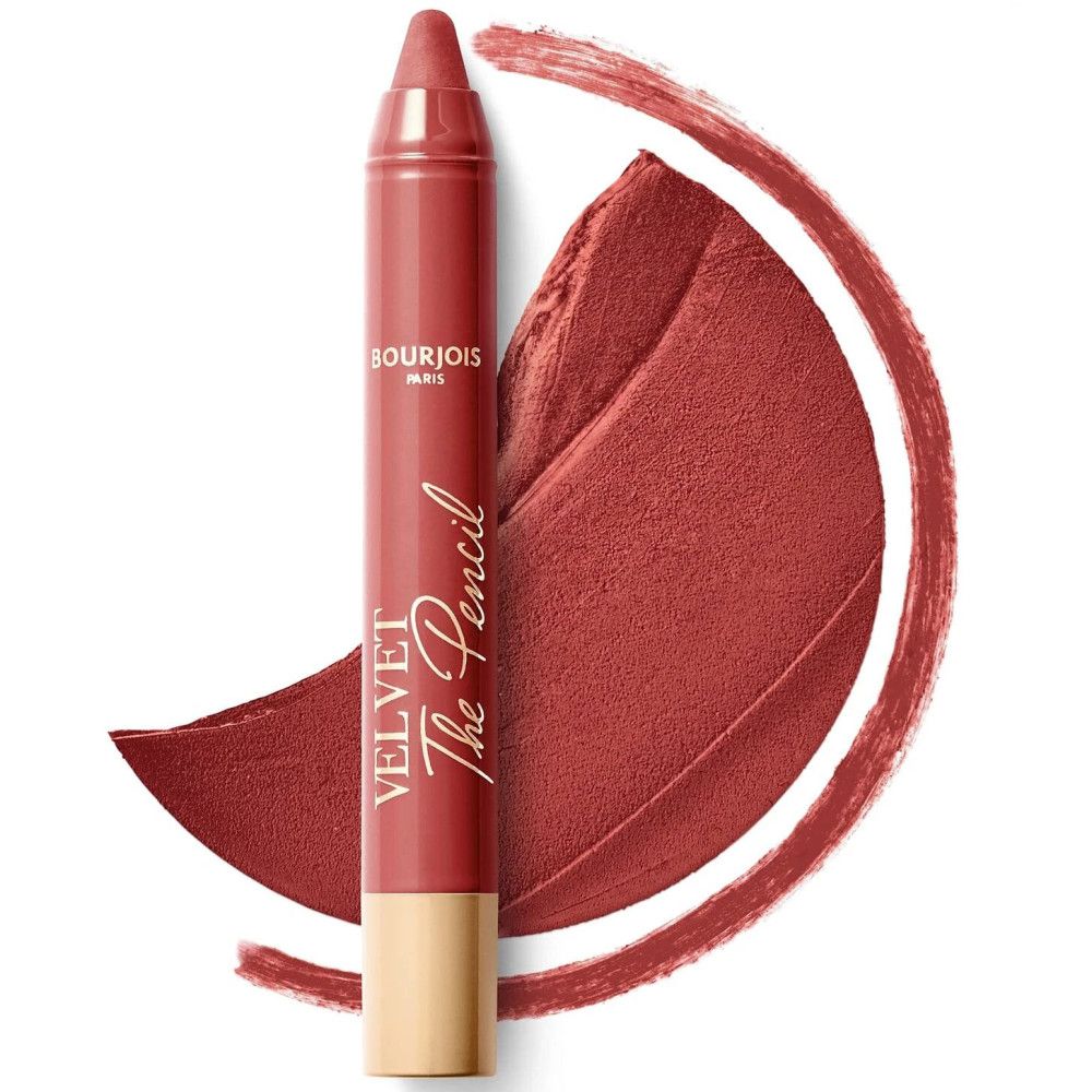 Crayon rouge-brun avec texte. À côté, une trace de couleur rouge-brun. Base dorée. Marque : Bourjois Paris.