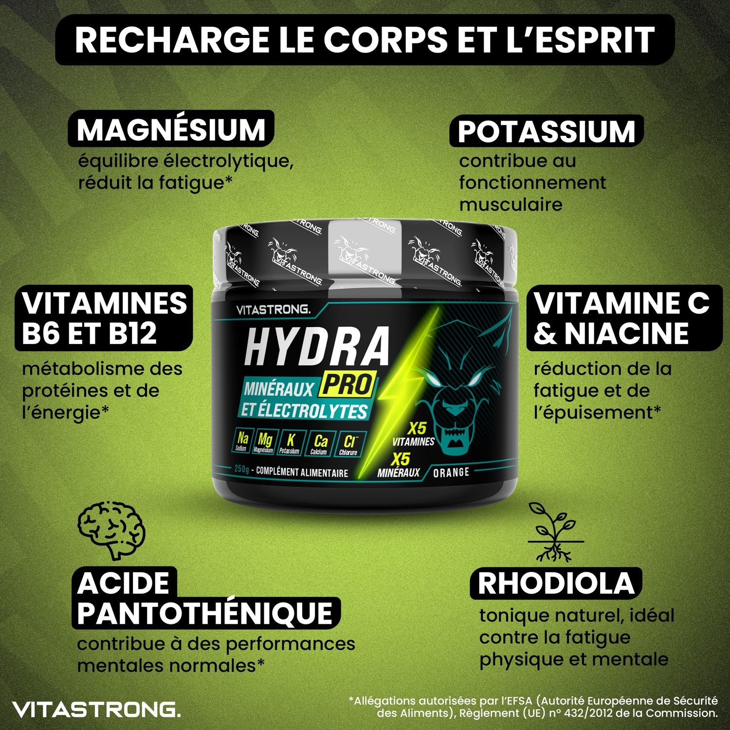 Vitastrong Hydra Pro pot. Voordelen en ingrediënten. Tekstvakken met ingrediënten.