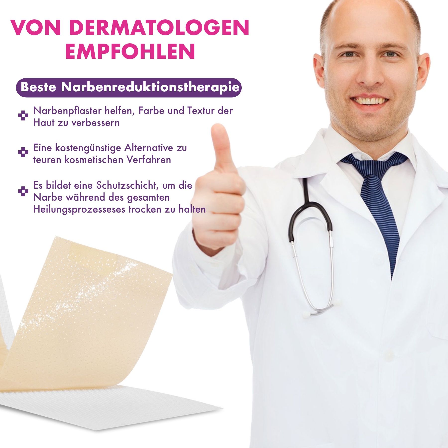 Arts met stethoscoop geeft duim omhoog naast linnen littekenpleister. Tekst: Aanbevolen door dermatologen.
