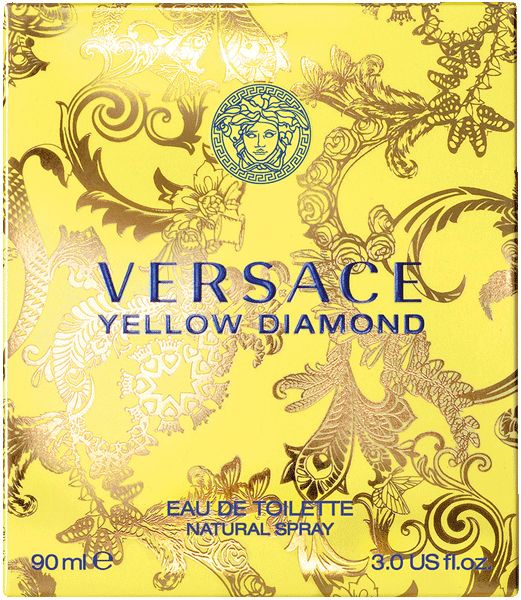 Gele verpakking van Versace Yellow Diamond. Logo, tekst en decoratief patroon. Tekst: Eau de Toilette.