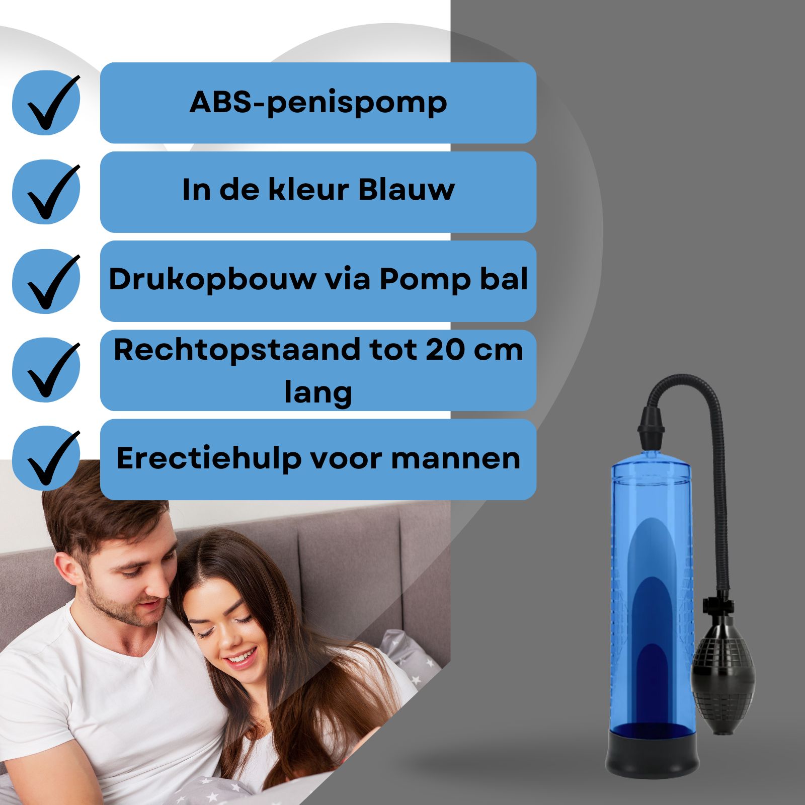 Afbeelding met tekst: ABS-penispomp, blauw, druk via pompbal, tot 20 cm, erectiehulp.