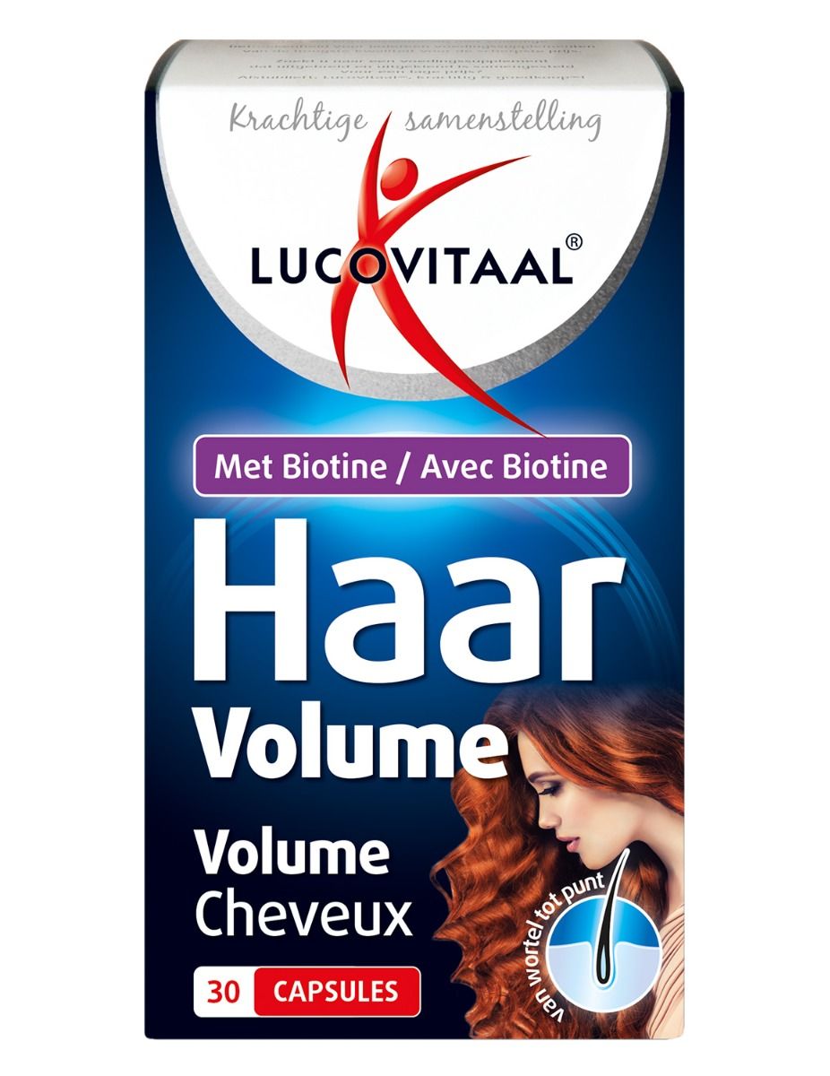 Boîte de Haar Volume. Contient 30 capsules. Contient de la biotine. Marque : Lucovitaal.