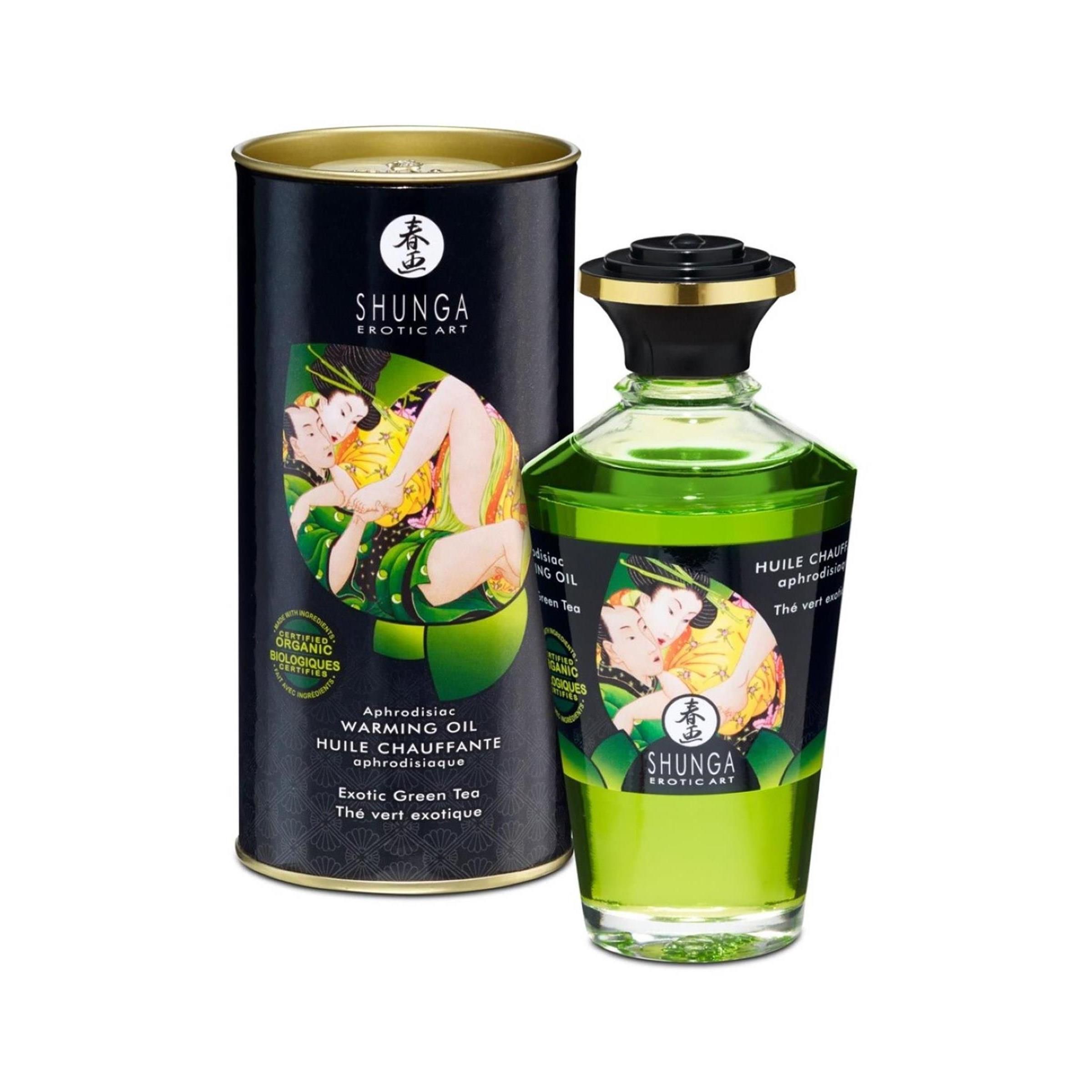 Produit et emballage. Bouteille avec contenu vert, bouchon noir. Boîte avec illustration. Inscription: SHUNGA, Exotic Art.