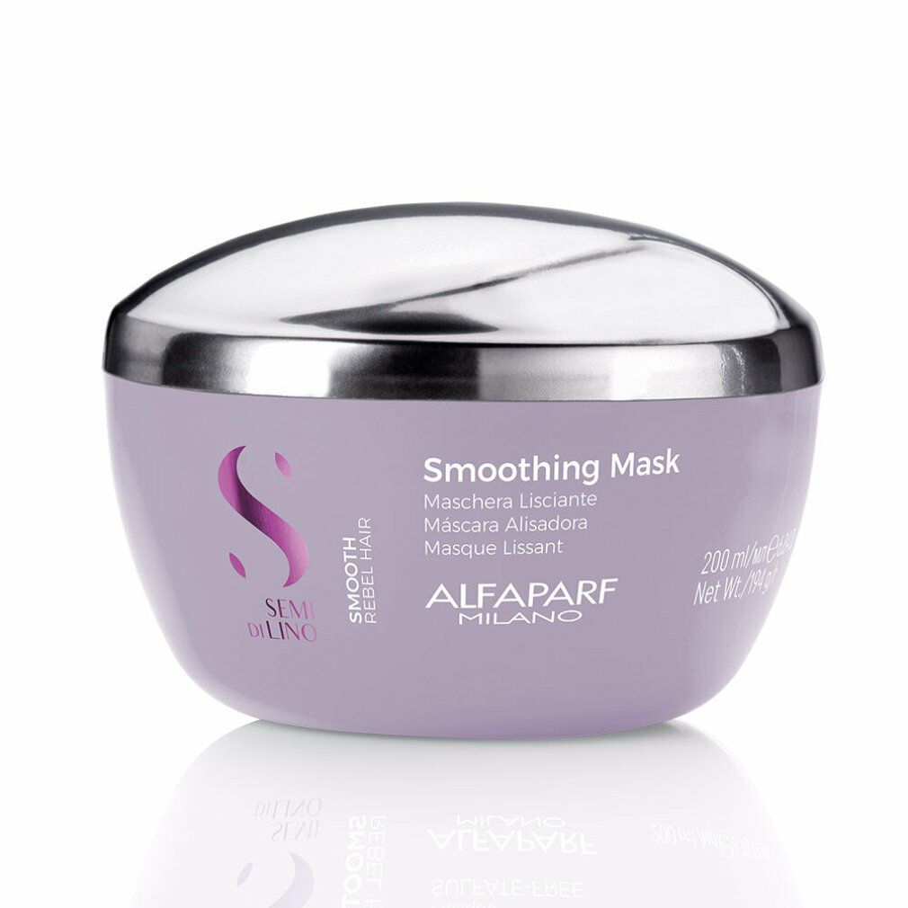 Paarse pot met zilveren deksel. Opschrift: Smoothing Mask, Semi di Lino, Alfaparf Milano. Productnaam en merk zichtbaar.