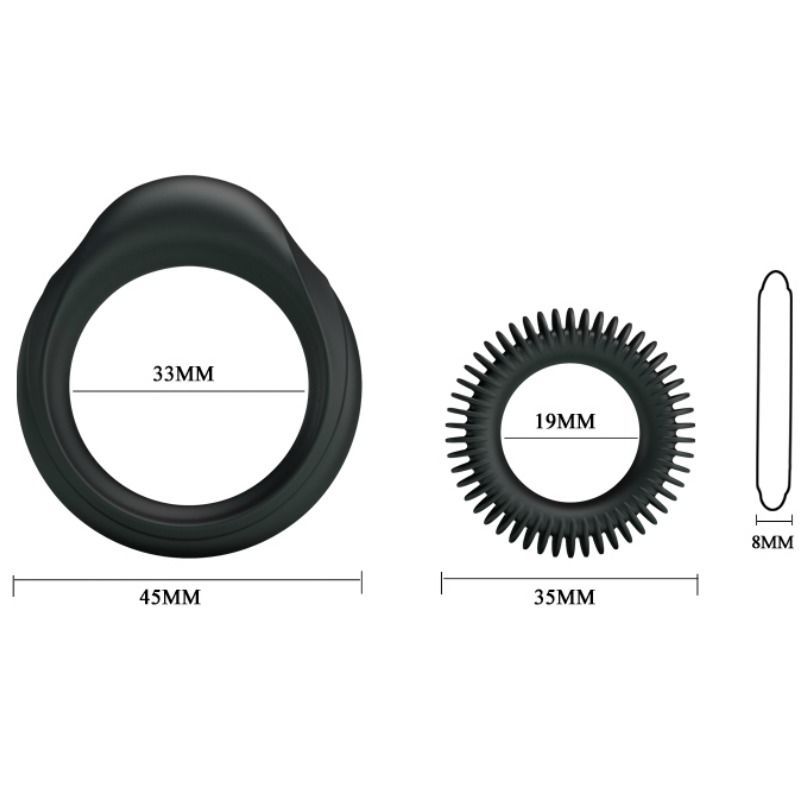Deux anneaux noirs en silicone avec dimensions : 45x33mm et 35x19mm.