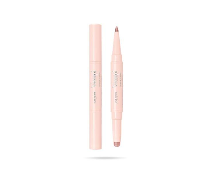 Roze duo lippenstift. Eén kant is een potlood, de andere een lipstick. Beide hebben een roze tint. Opschrift: Pupa Milano.