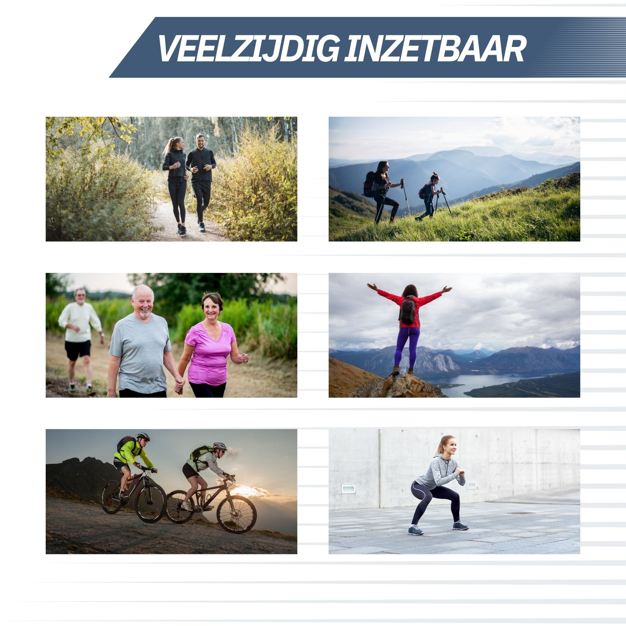 Plusieurs personnes sont représentées dans diverses activités de plein air : course à pied, randonnée, vélo et yoga.