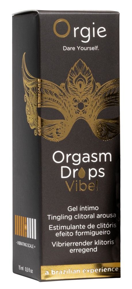 Boîte Orgie Orgasm Drops Vibe!. Boîte noire avec masque doré, nom du produit et échelle de vibration.
