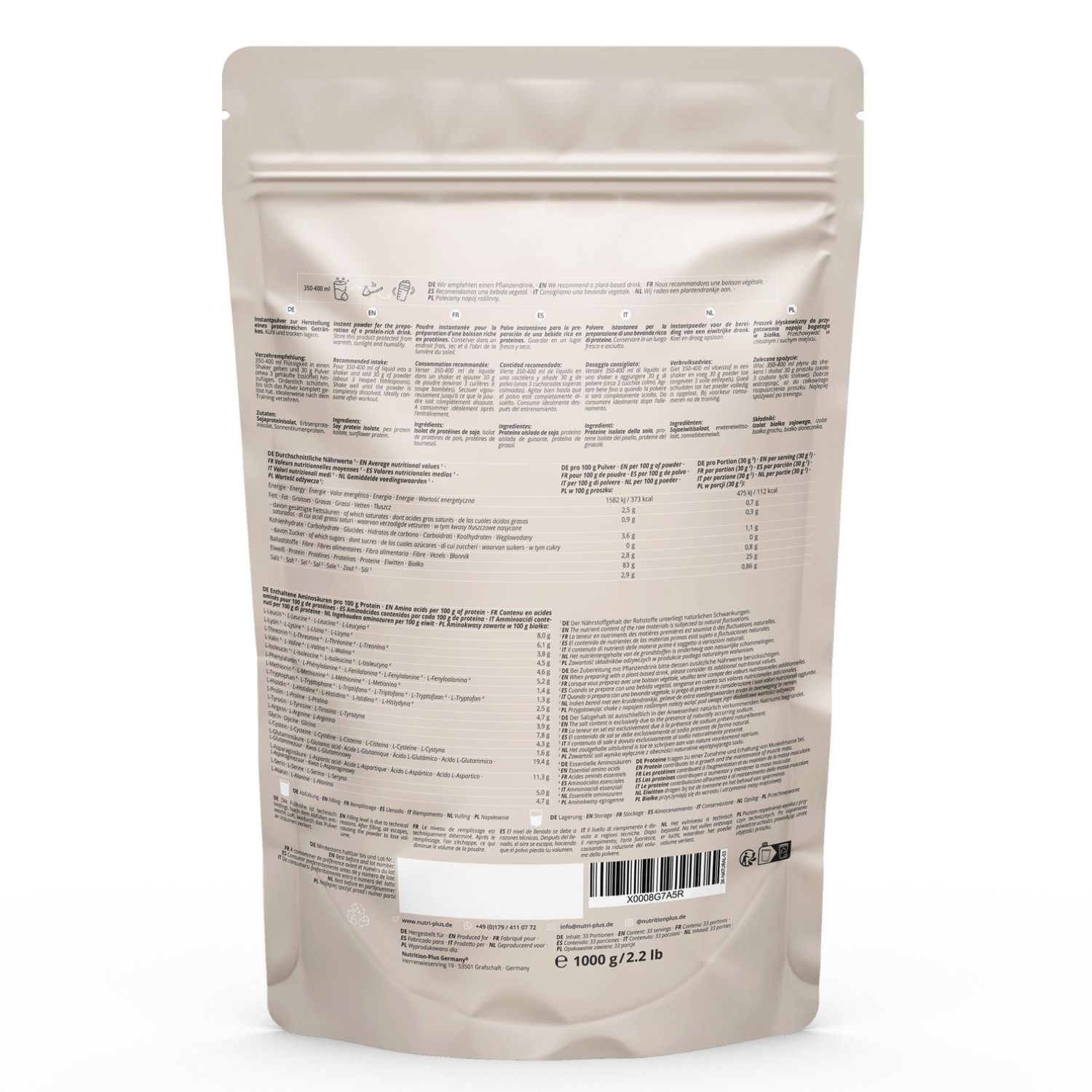 Achterkant van een beige zak nutri+ Vegan 3k Protein. Tekst: voedingswaarde, 1000 g/2.2 lb.