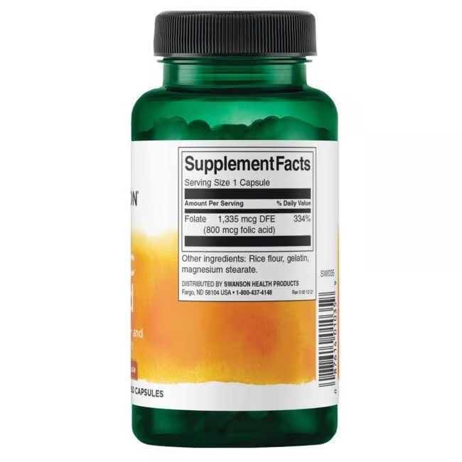 Dos de la bouteille verte. Étiquette avec informations nutritionnelles: Folate 1,335 mcg DFE (800 mcg acide folique).
