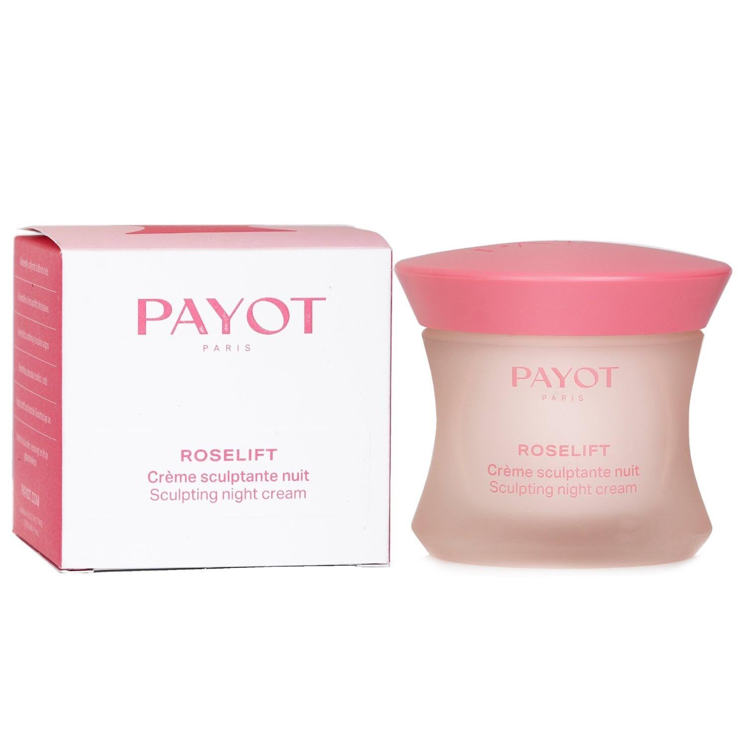 Crèmepot en verpakking. Opschrift PAYOT PARIS en ROSE LIFT. Tekst: Crème sculptante nuit, Sculpting night cream.