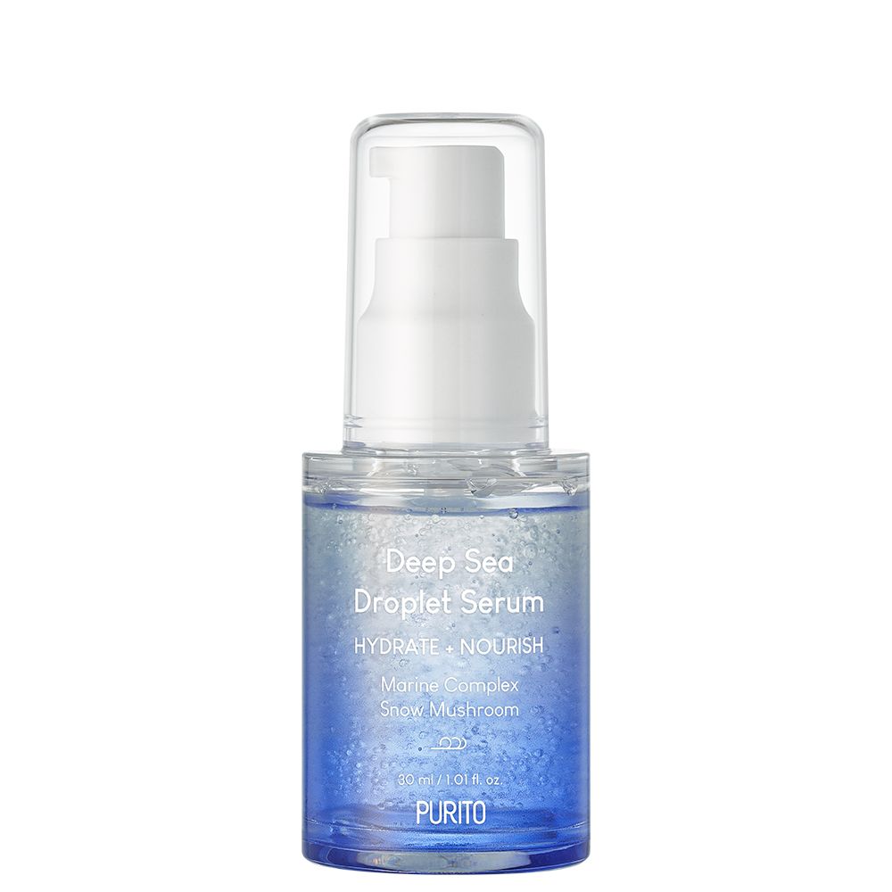 PURITO Deep Sea Droplet Serum in een pompfles met blauw en transparant design.