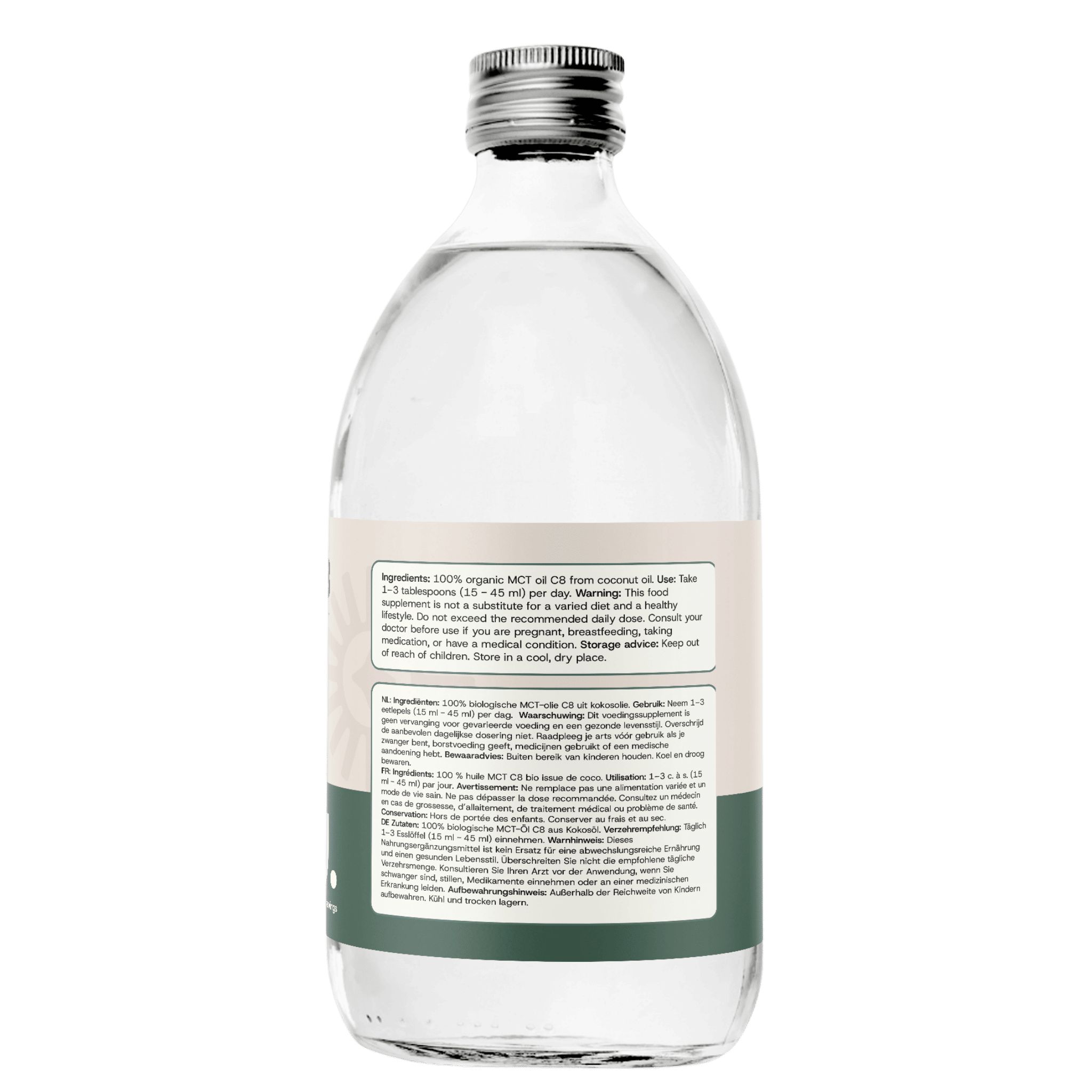 Fles MCT Olie C8, 500ml. Ingrediëntenlijst en gebruiksaanwijzing op etiket.