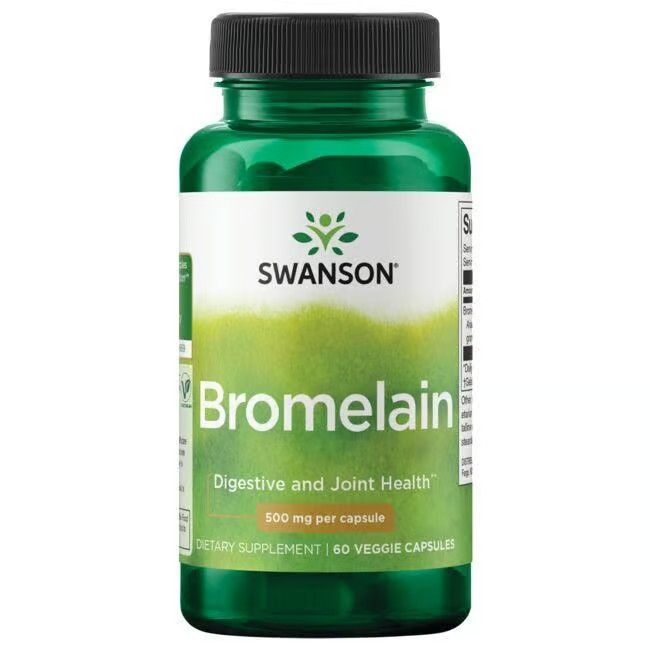 Flacon vert avec bouchon noir. Inscription SWANSON, Bromélaïne, 500 mg par capsule. 60 capsules.