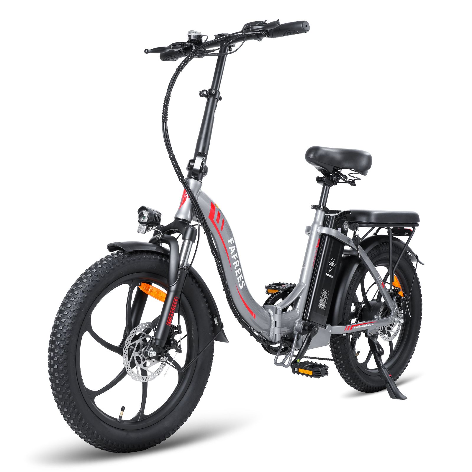 Grijze FAFREES F20 opvouwbare e-bike. Zwarte banden, zadel en bagagedrager. Vooraanzicht.