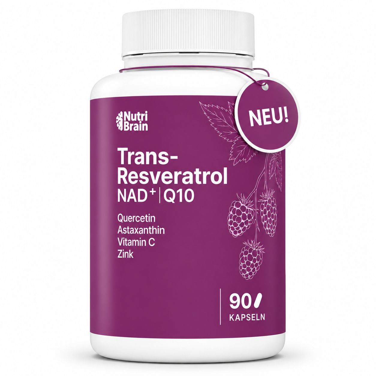 Bouteille de NUTRIBRAIN Trans-Resveratrol NAD+ Q10 avec étiquette "NEU!".
