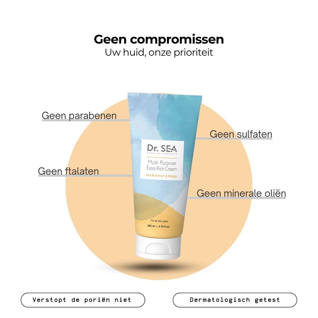 Tube DR. SEA Multi Purpose Extra Rich Cream, Mango. Tekst: Zonder parabenen, sulfaten, ftalaten, minerale oliën. Dermatologisch getest.