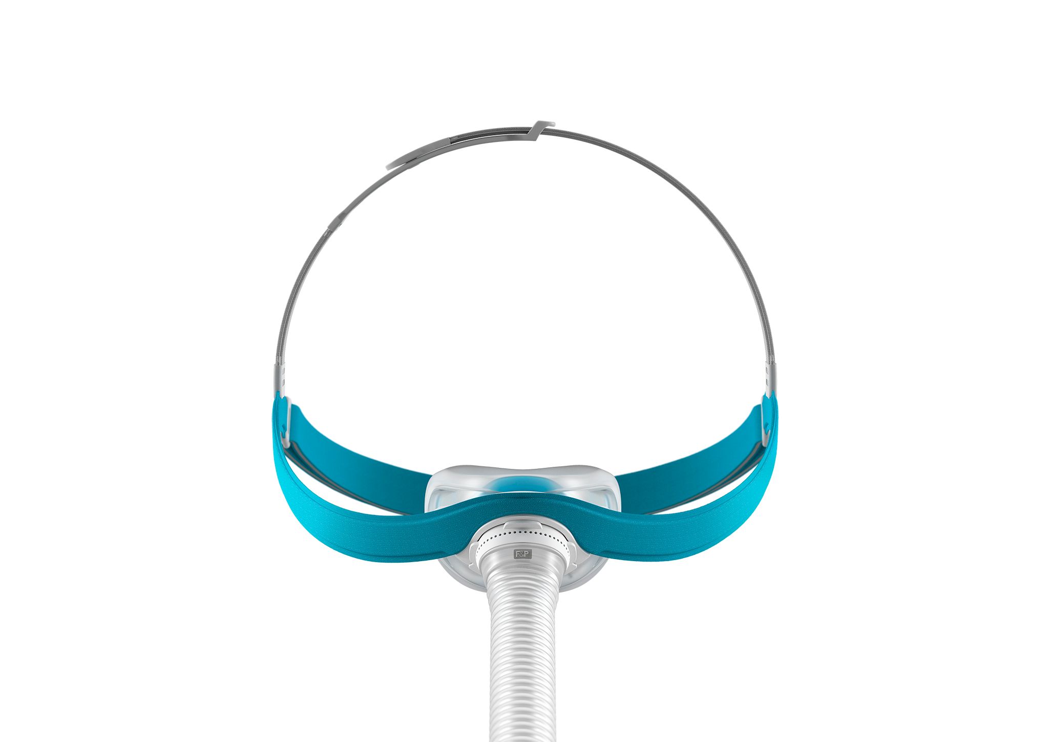 Masque nasal avec bandeau bleu et raccord de tube.