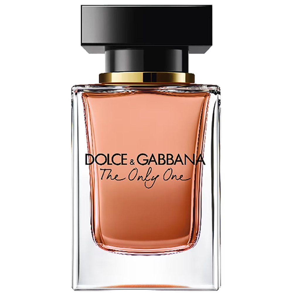 Flacon Dolce & Gabbana The Only One. Bouchon noir, col doré, liquide rosé. Flacon en verre transparent.
