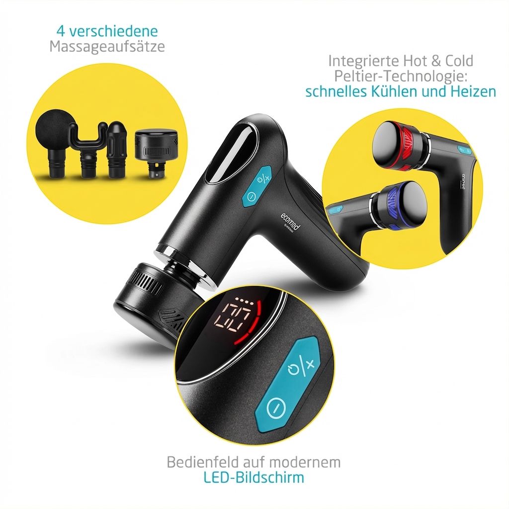 Pistolet de massage noir avec quatre embouts, écran LED et technologie Hot & Cold.