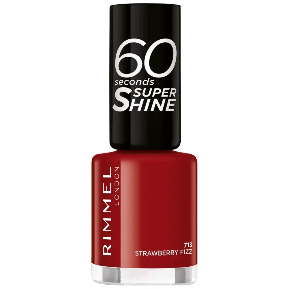 Vernis à ongles rouge, flacon avec bouchon noir. Inscription: 60 secondes Super Shine. Teinte: Strawberry Fizz.