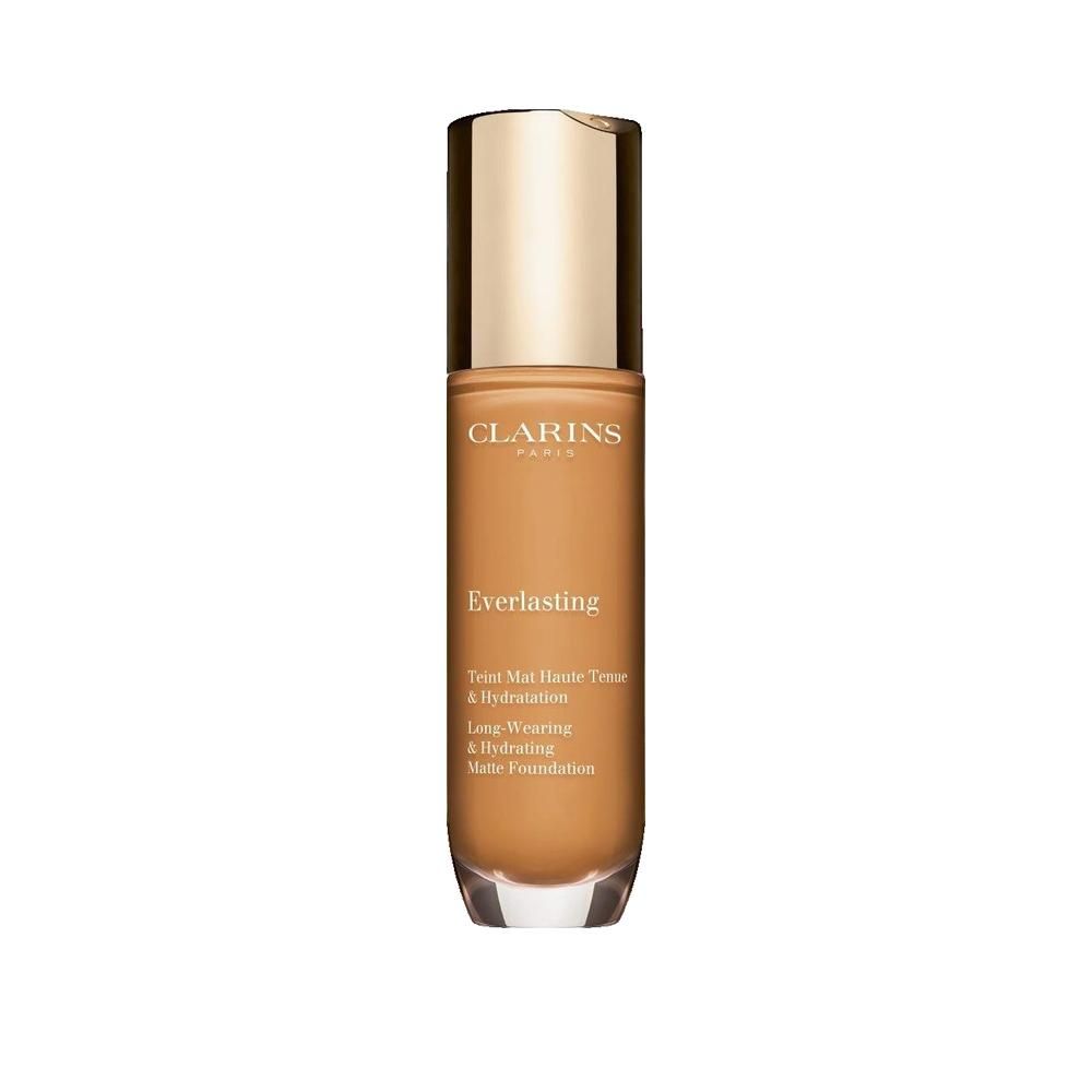 Foundationflesje met gouden dop. Opschrift: Clarins, Everlasting. Langhoudend.