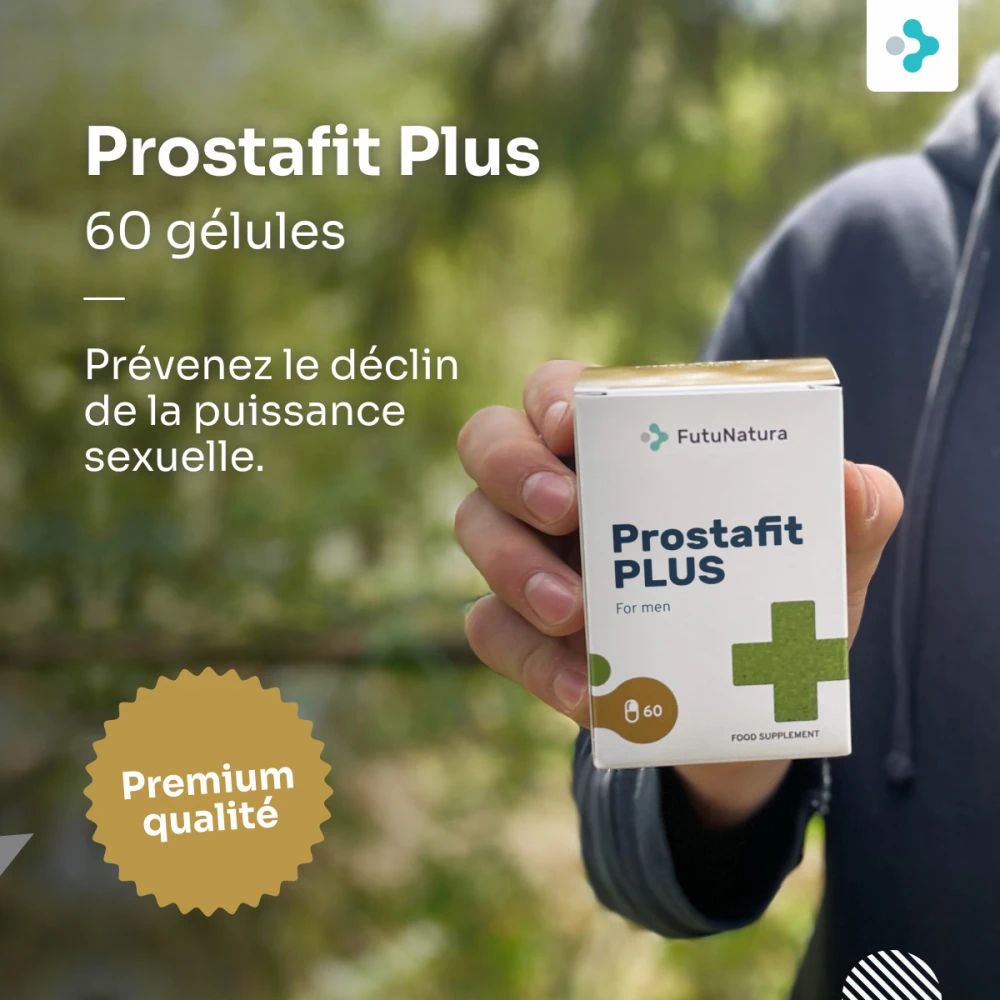 FutuNatura Prostafit Plus, 60 gélules. Boîte tenue en main. Croix verte. Qualité supérieure.