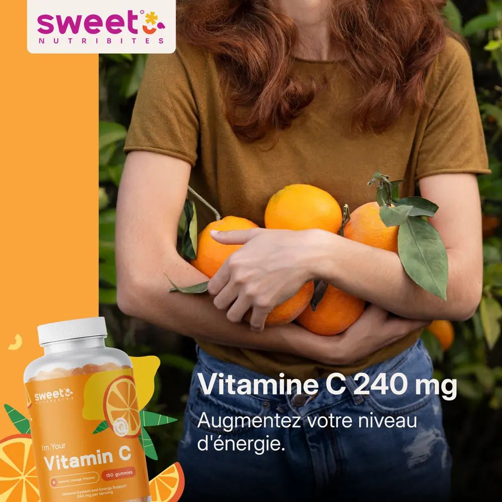 Femme tenant des oranges. Bouteille de gummies Vitamin C au premier plan. Texte: Vitamine C 240 mg. Augmentez votre niveau d'énergie.