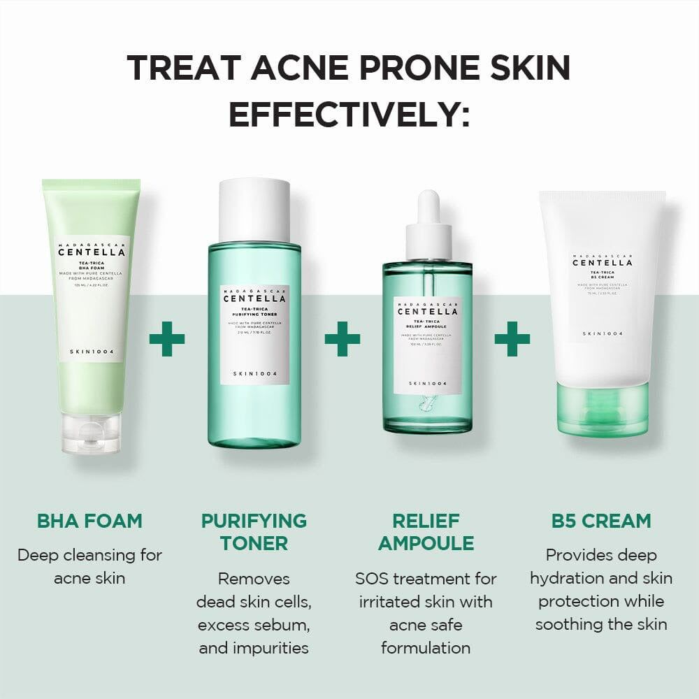 Vier producten: BHA FOAM, PURIFYING TONER, RELIEF AMPOULE, B5 CREAM. Opschriften: merknaam, productnamen, gebruiksbeschrijvingen.