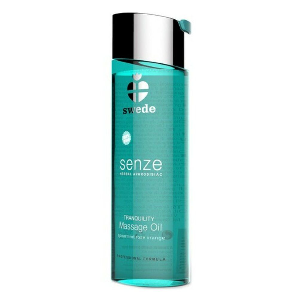 Bouteille d'huile de massage Swede Senze avec bouchon argenté. Liquide turquoise, étiquette avec informations produit.