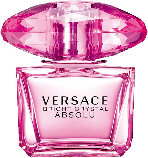 Flacon rose avec bouchon cristal. Inscription: VERSACE BRIGHT CRYSTAL ABSOLU.