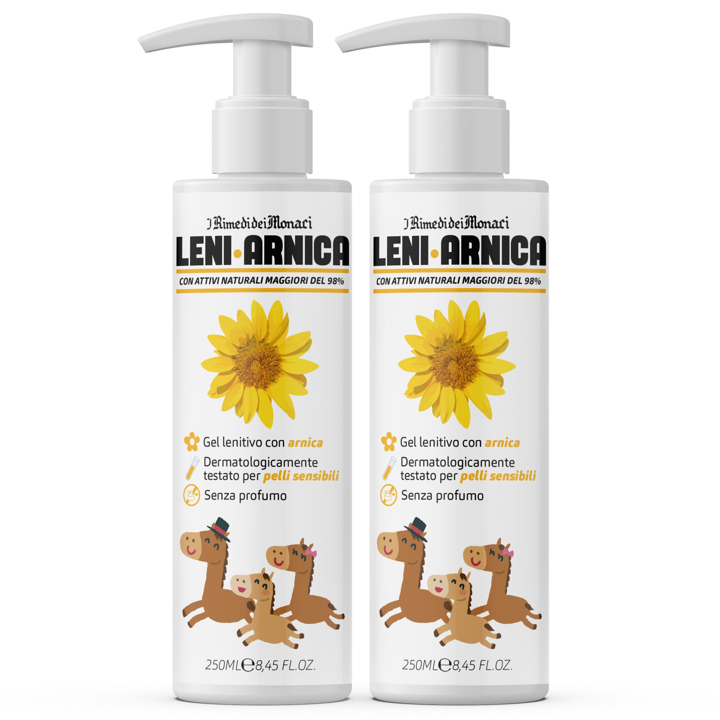 Twee witte flessen met pompdop. Opschrift: Leni-Arnica. Gel met zonnebloemillustratie en paardenstripfiguur. Tekst in het Italiaans.