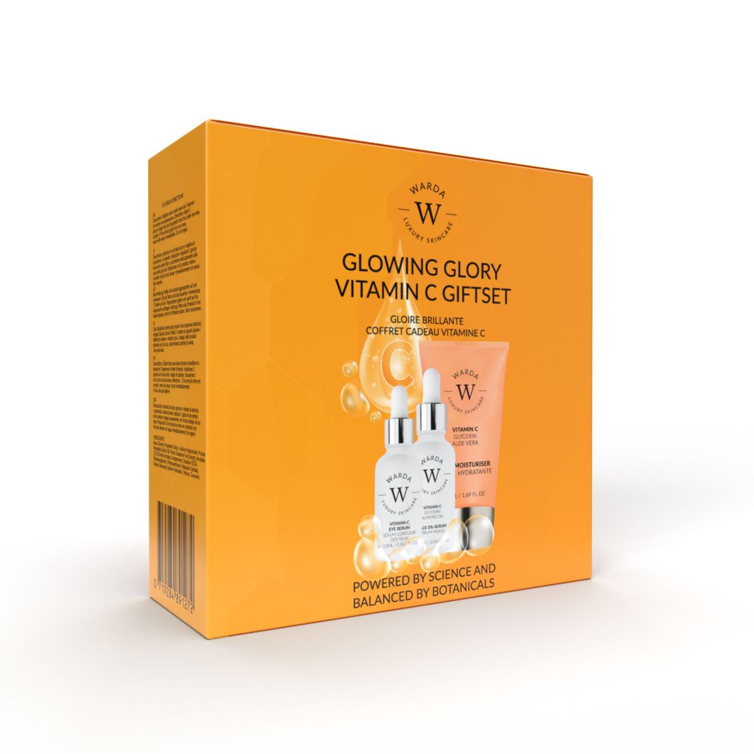 Warda Skincare Glowing Glory Vitamine C Cadeauset met serumflesjes en gezichtscrème.