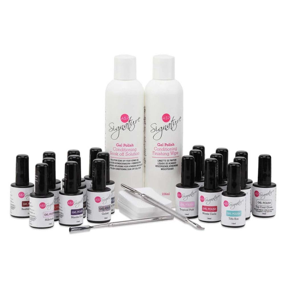 Set gelnagellak, twee flessen, gereedschap en pads. Opschrift: Signature Gel Polish.