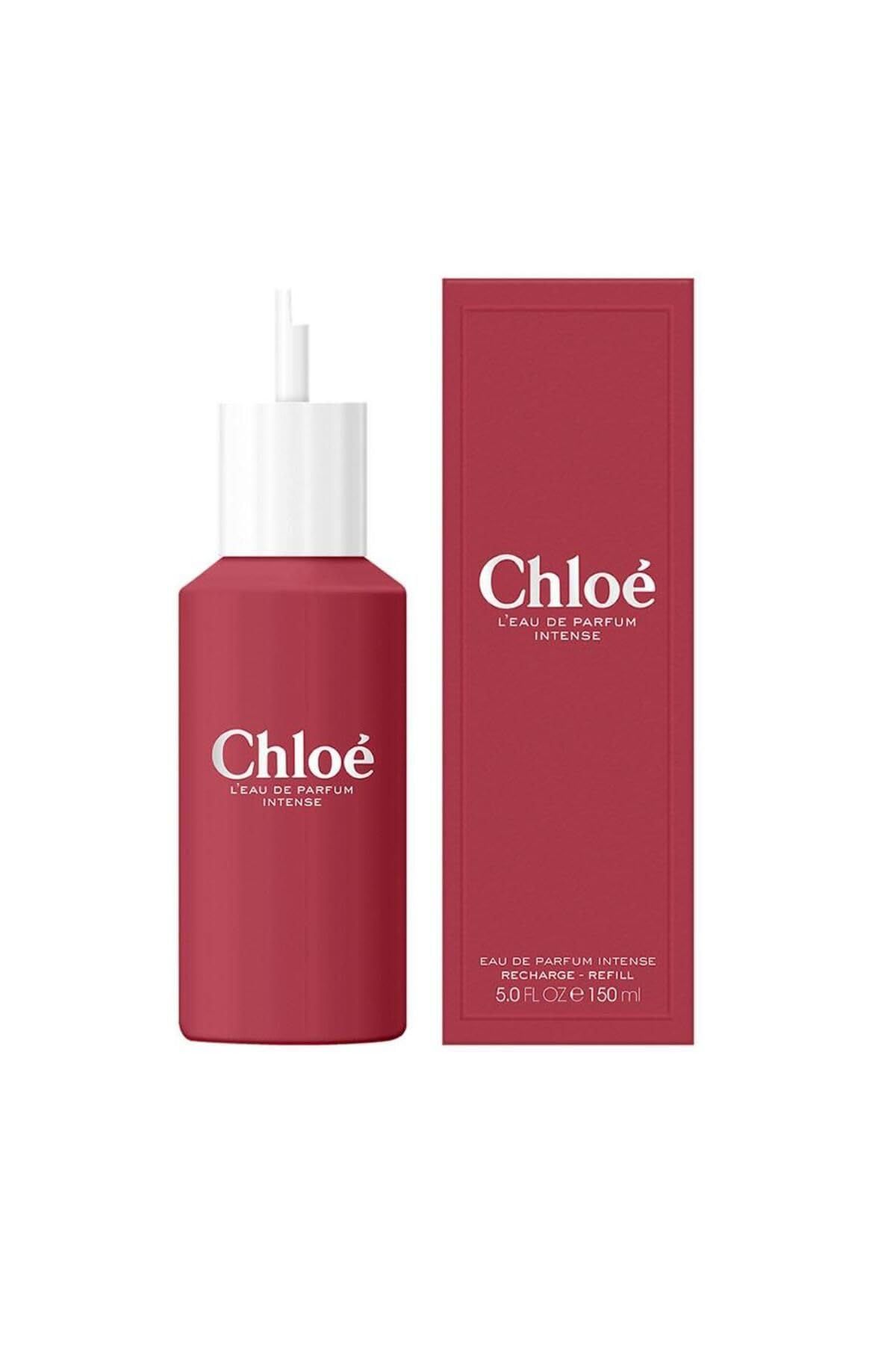 Flacon rouge et emballage rectangulaire. Inscription: Chloé L'Eau de Parfum Intense. Texte: Eau de Parfum Intense Recharge - Refill.