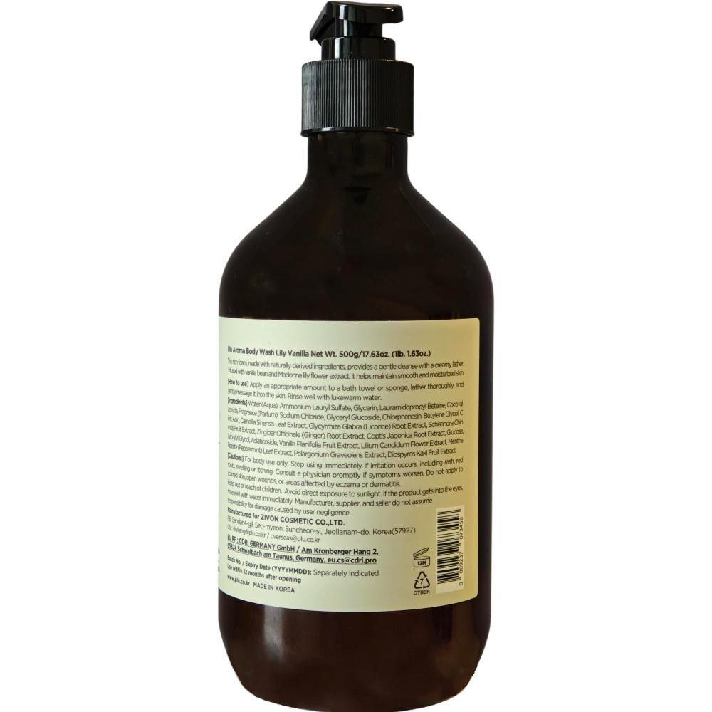 Achterkant van een bruine douchegel fles met gedetailleerde ingrediënten en informatie.