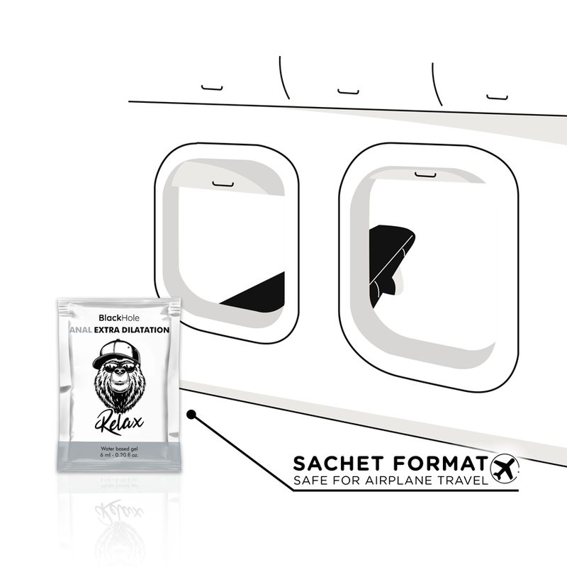 Black Hole Anal Extra Dilatation sachet bij vliegtuigramen. Sachetformaat, veilig voor vliegreizen.