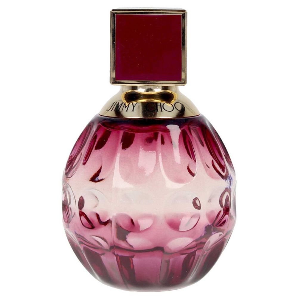 Flacon Jimmy Choo Fever Eau de Parfum avec un collier doré et un bouchon cube bordeaux.