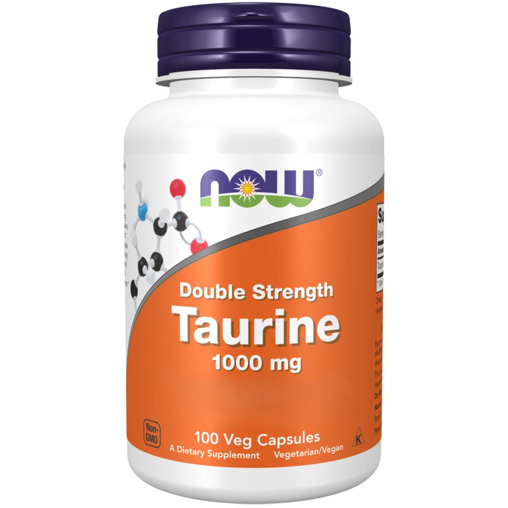 Witte fles met blauwe dop. Etiket met 'NOW' logo, 'Double Strength Taurine 1000 mg' en '100 Veg Capsules'.