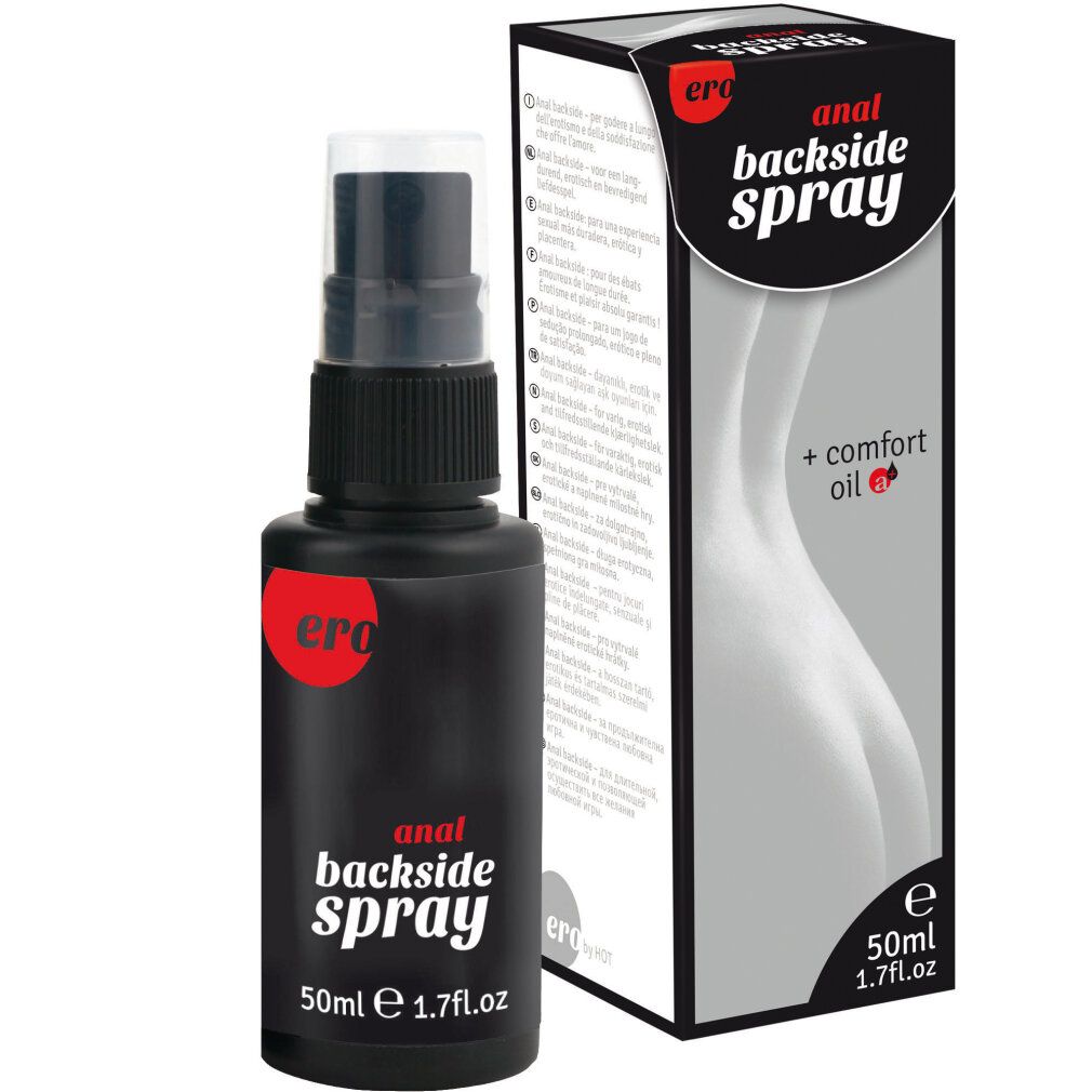 Zwarte spuitfles Ero Anal Backside Spray, 50ml. Daarnaast de verpakking met afbeelding van billen.