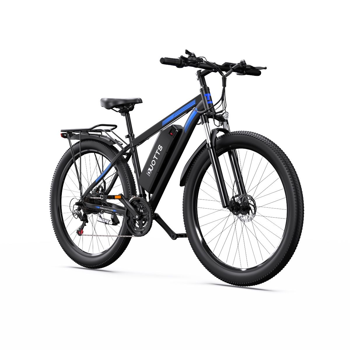 Vélo électrique noir avec accents bleus. Porte-bagages arrière, béquille. Logo DUOTTS. Gros pneus, freins à disque.