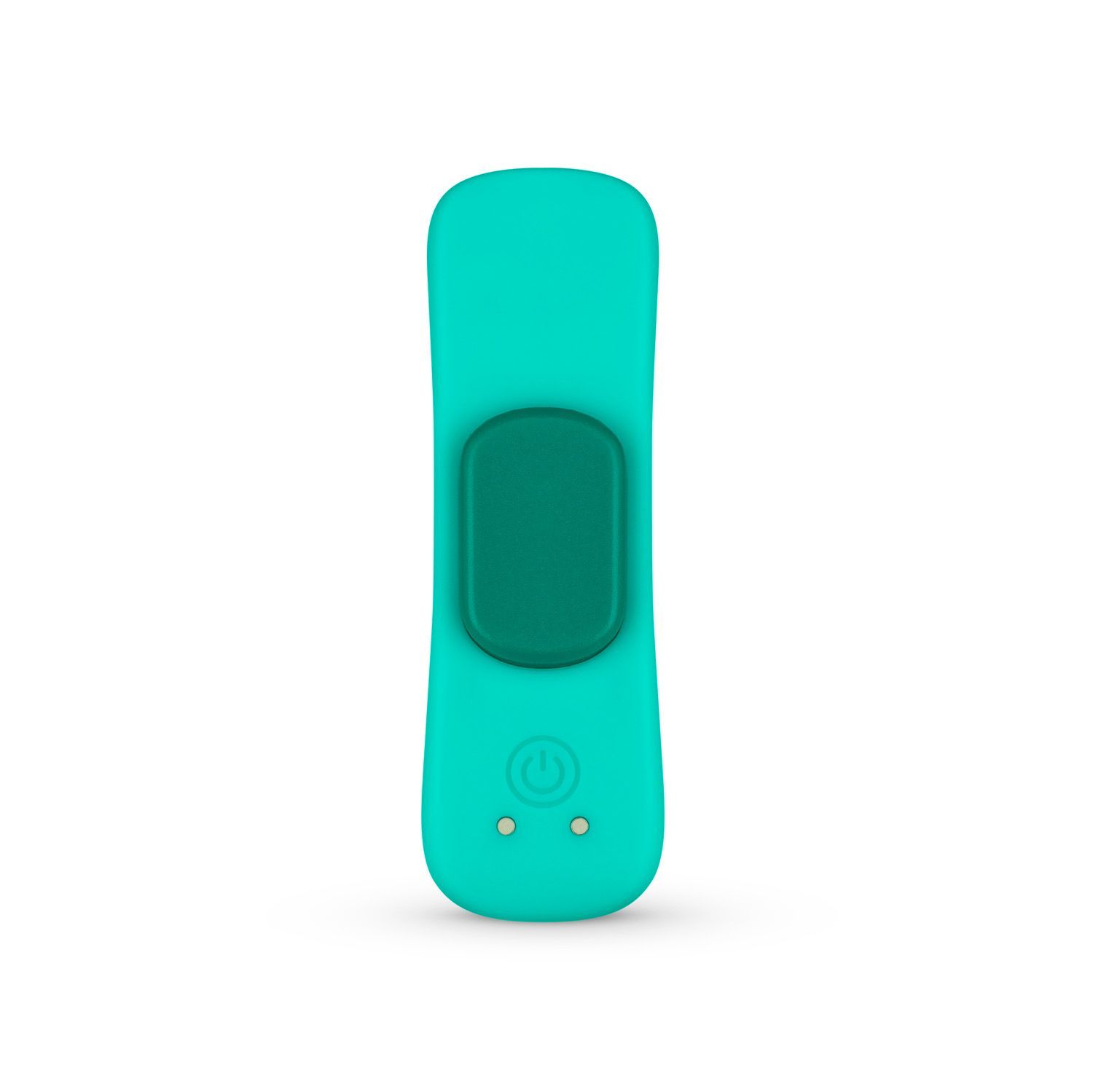 Produit de bien-être turquoise avec bouton vert. Deux boutons et un symbole en bas.